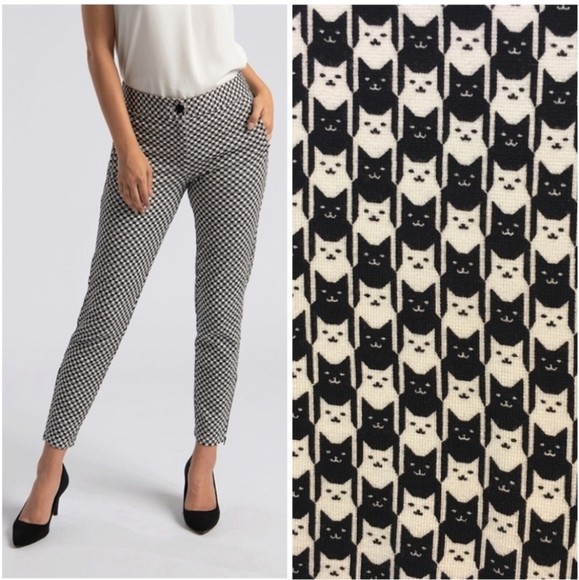 Betabrand Black and White Novelty Checkered Cat Print Ankle Zip Skinny Pants M - Picture 12 of 12